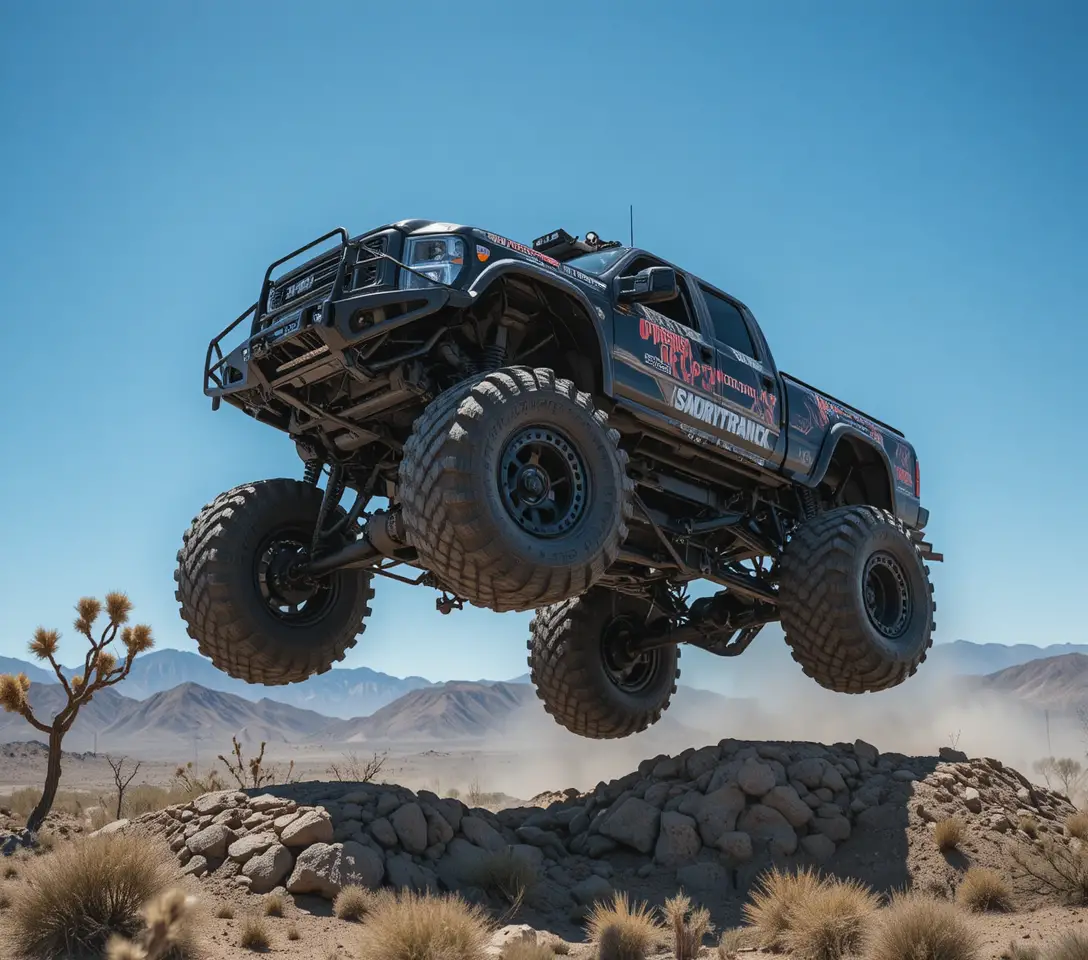 Monster truck soaring high above desert landscape