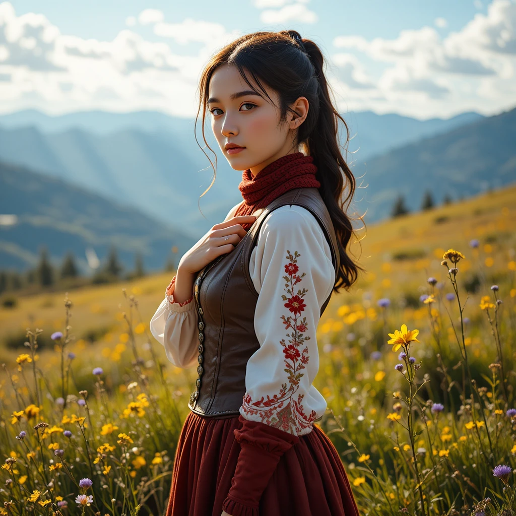 Young woman in embroidered blouse in mountain meadow