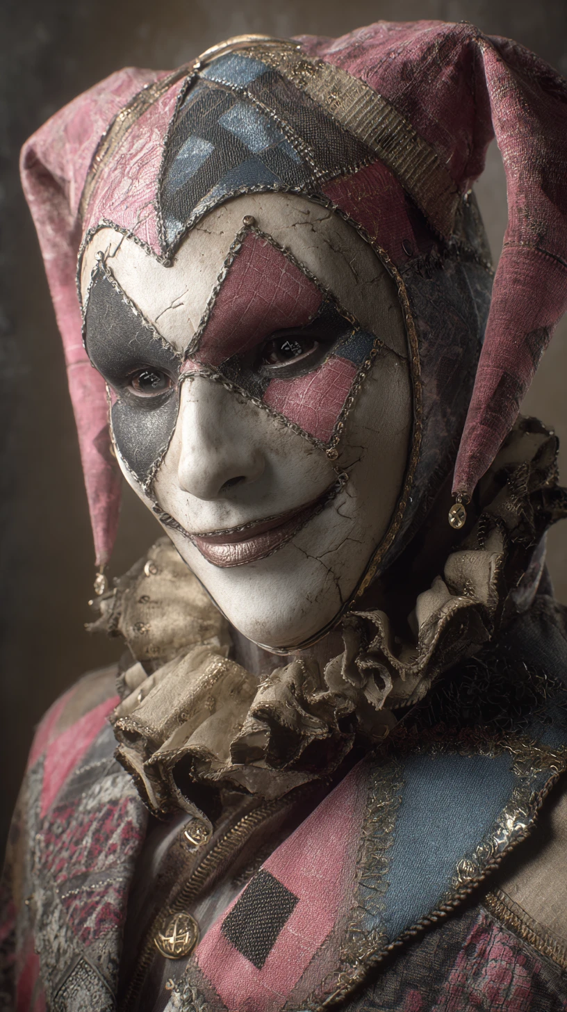 Creepy harlequin clown mask in a foggy street portrait