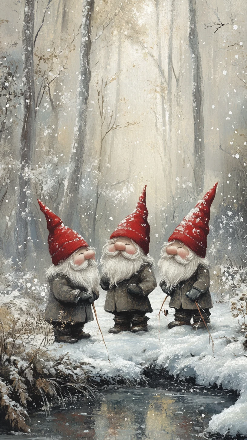 Gnomes d’hiver joyeux près d’un trou de pêche dans une forêt glacée