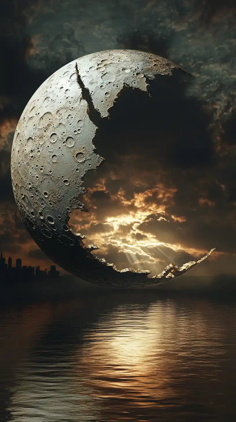 Silhouette de lune fissurée déversant une lumière argentée sur une ville déformée