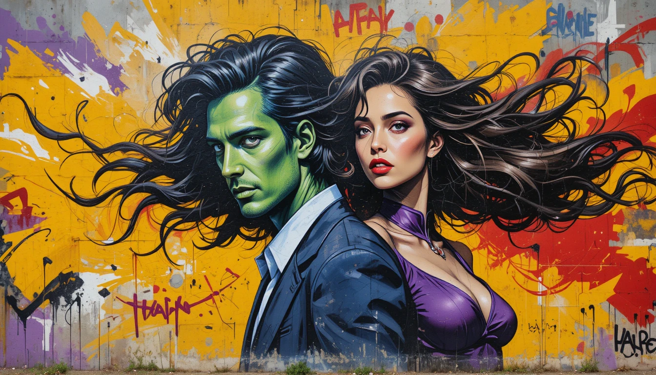 Colorful street art of a man and woman on urban wall