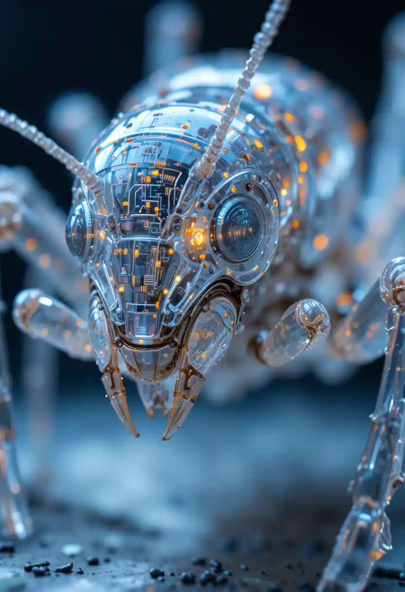 Fourmi cybernétique translucide en vue macro détaillée