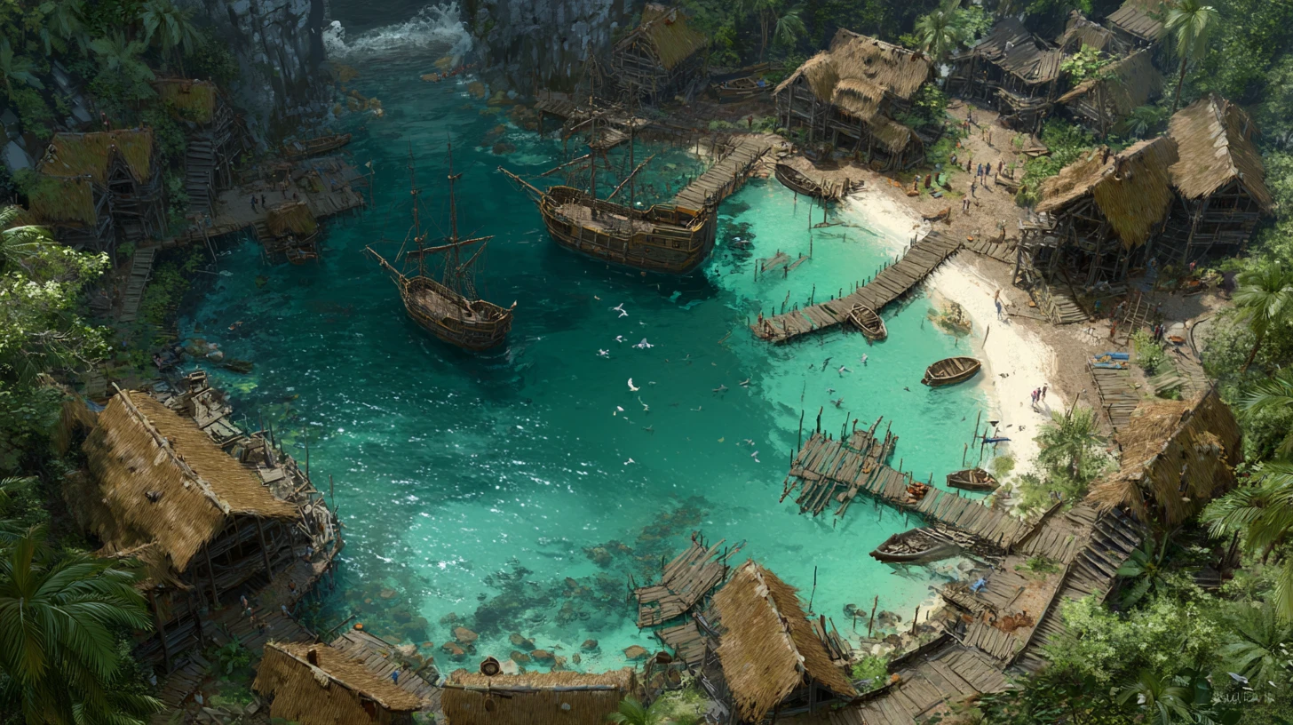 Dramatic fantasy illustration of a hidden pirate cove