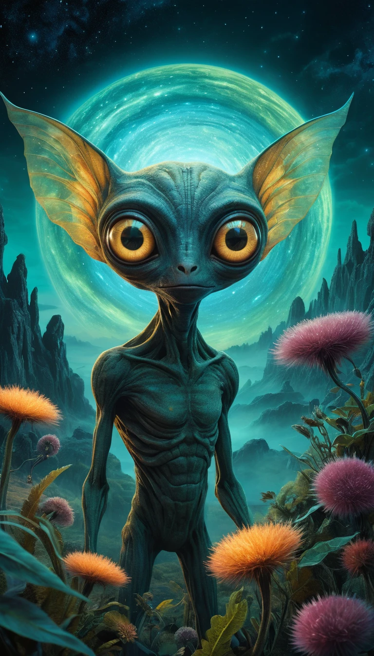 Alien curieux explorant des plantes lumineuses sur un monde lointain