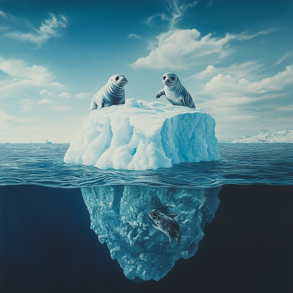 Filhotes de foca brincalhões em um pequeno iceberg no oceano aberto