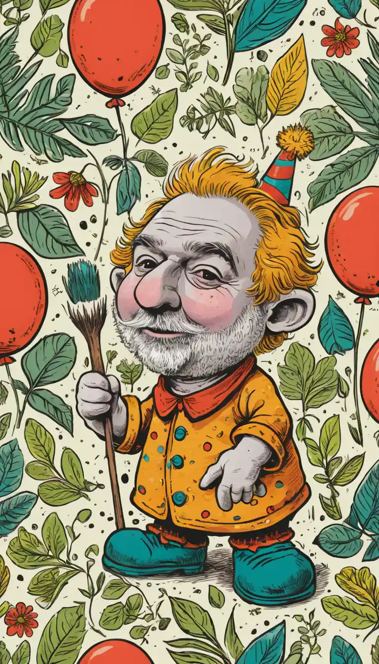 Joyful hairy forest troll with big red clown nose