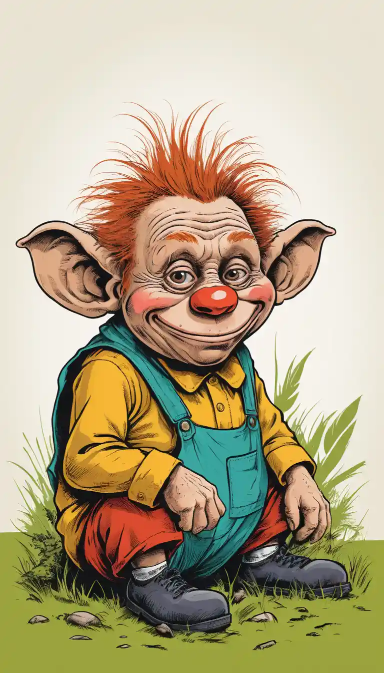 Allegro troll peloso della foresta con grande naso da clown rosso