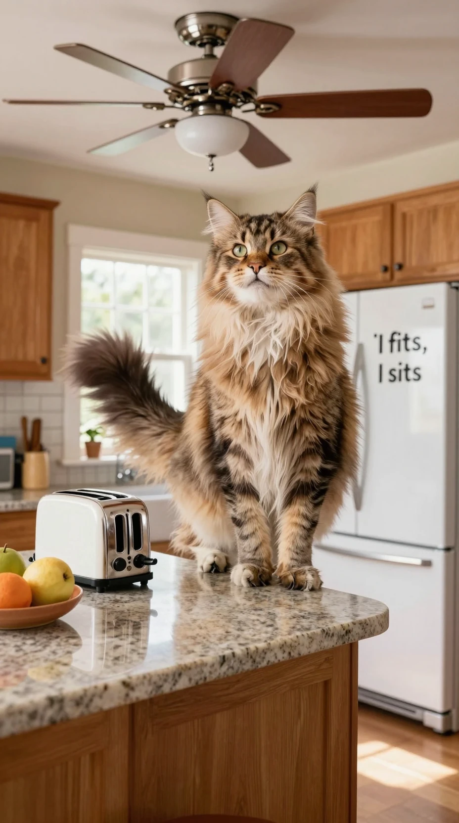 Chat géant et duveteux coincé dans une cuisine familiale lumineuse
