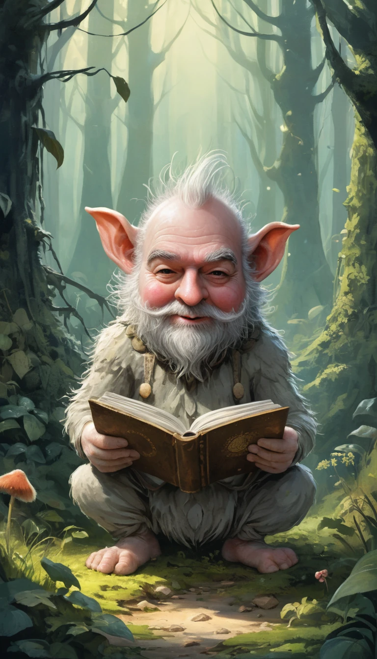 Joyful cartoon forest troll with fluffy white hair