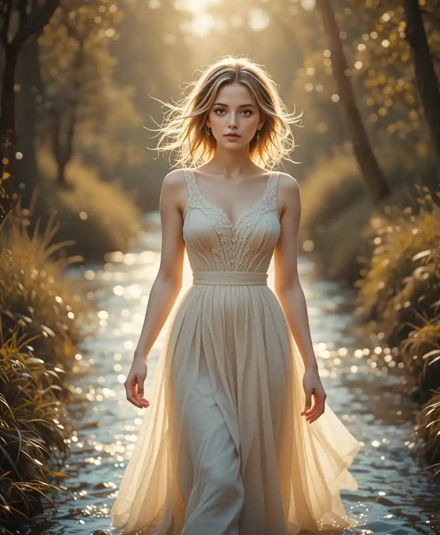 Femme blonde marchant dans un ruisseau de campagne baigné de soleil