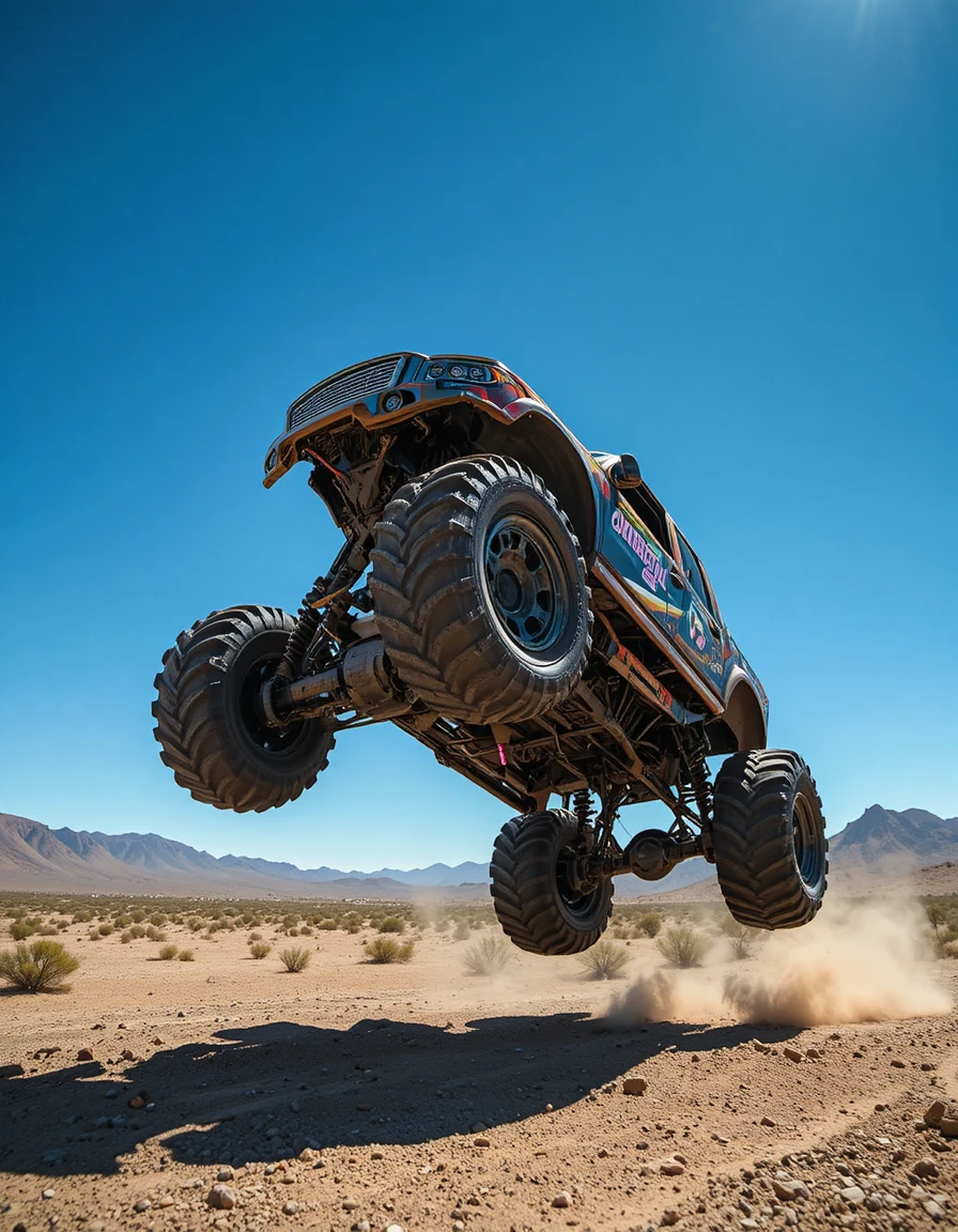 Monster truck fuoristrada che salta in alto sopra le sabbie del deserto