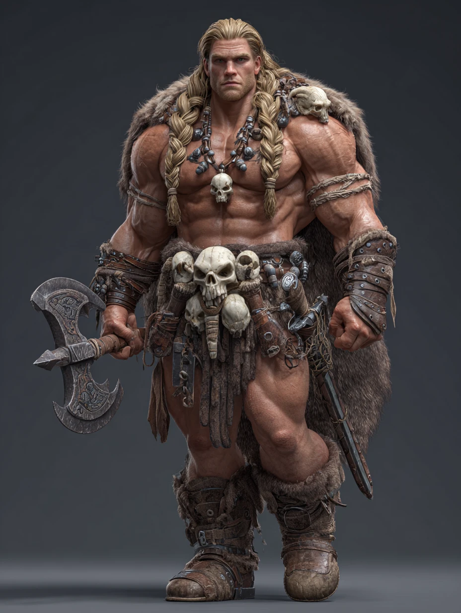 Guerreiro bárbaro gigantesco e musculoso com machado em render 3D