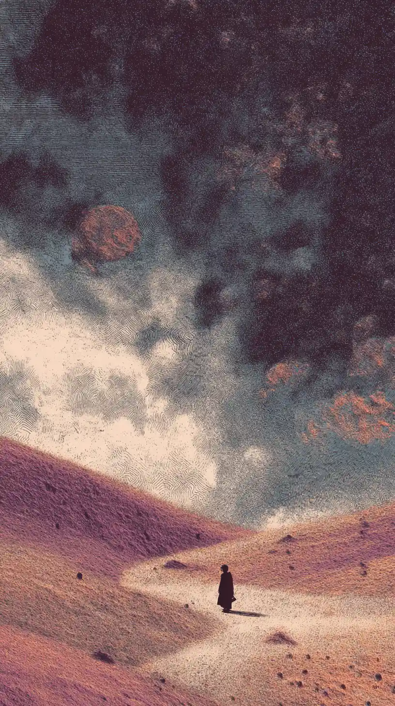 Viandante solitario che attraversa un vasto deserto surreale