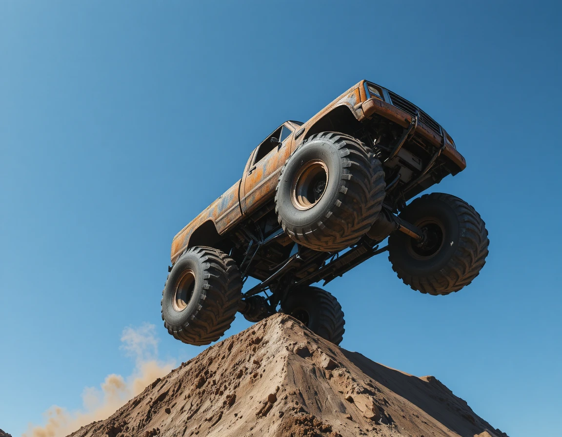 Monster truck marrone che esegue un'acrobazia su una rampa