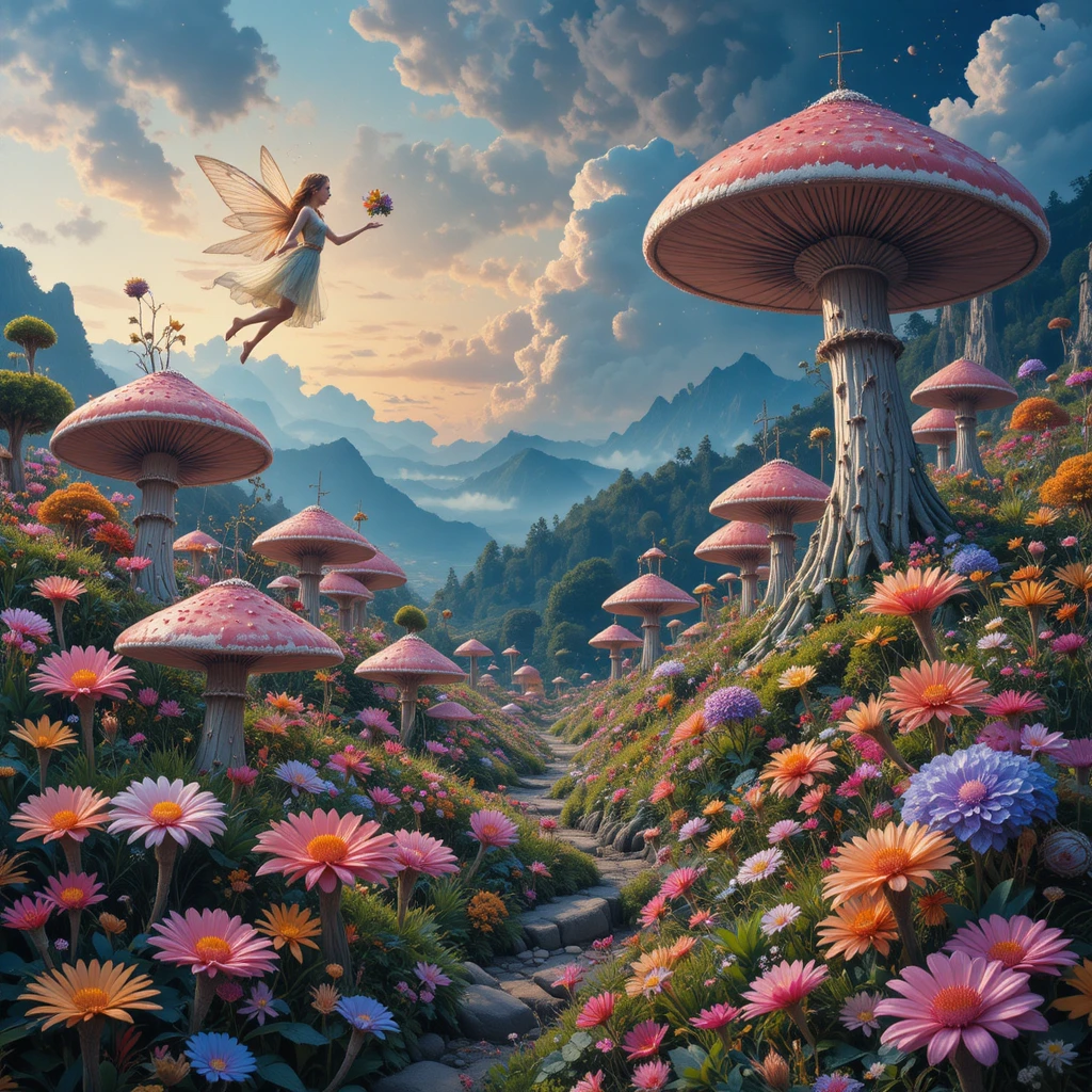 Dreamy fantasy landscape with flying fairy and mushrooms