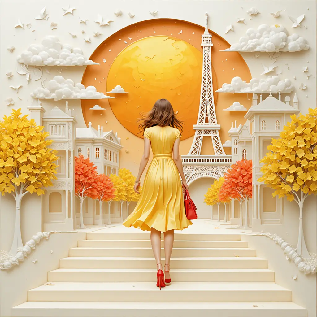 Fashionable woman walking toward the Eiffel Tower in Paris