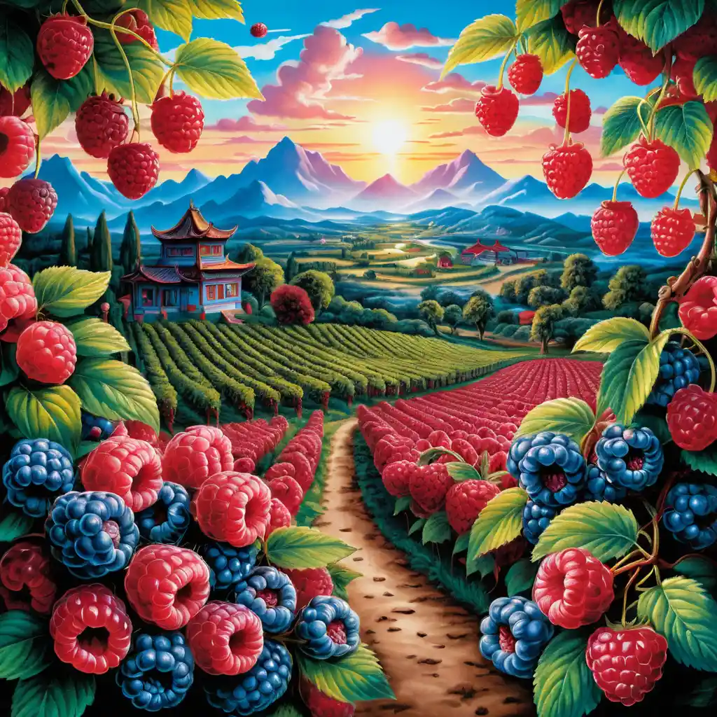 Plantation de framboises surréaliste au lever du soleil dans un paysage de montagnes bleues