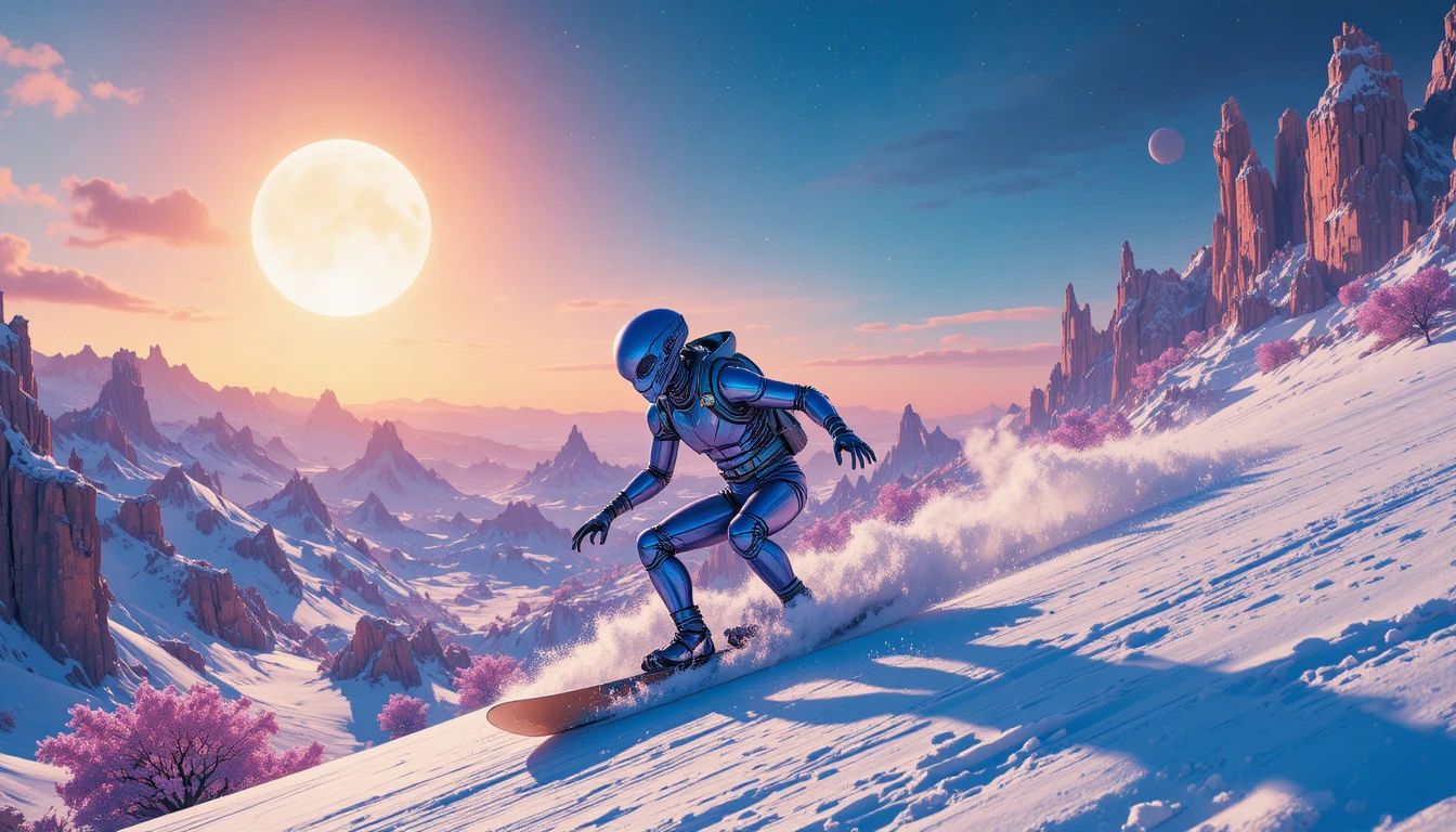 Alien snowboarder racing down a crystalline alien mountain