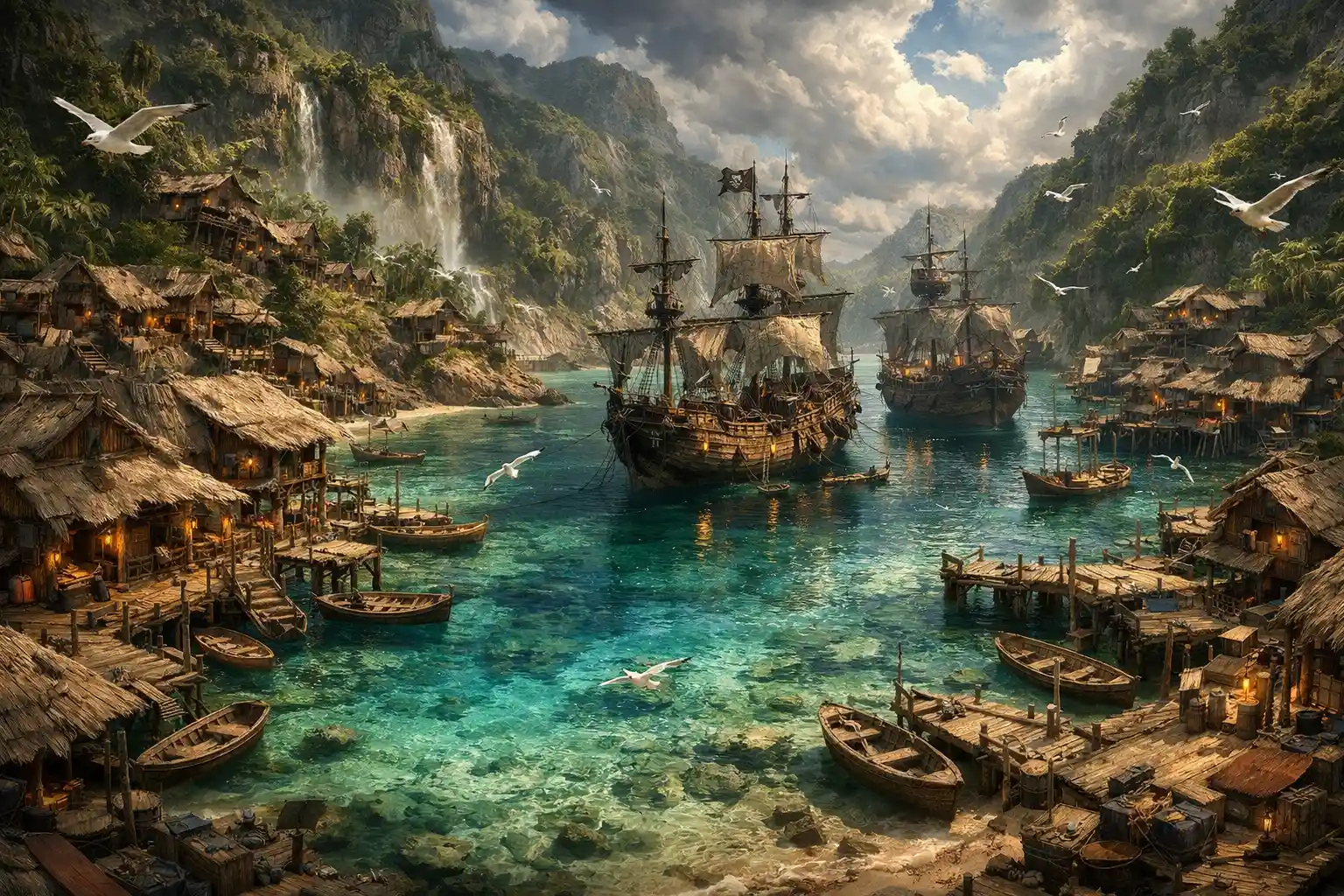Dramatic fantasy illustration of a tropical pirate cove