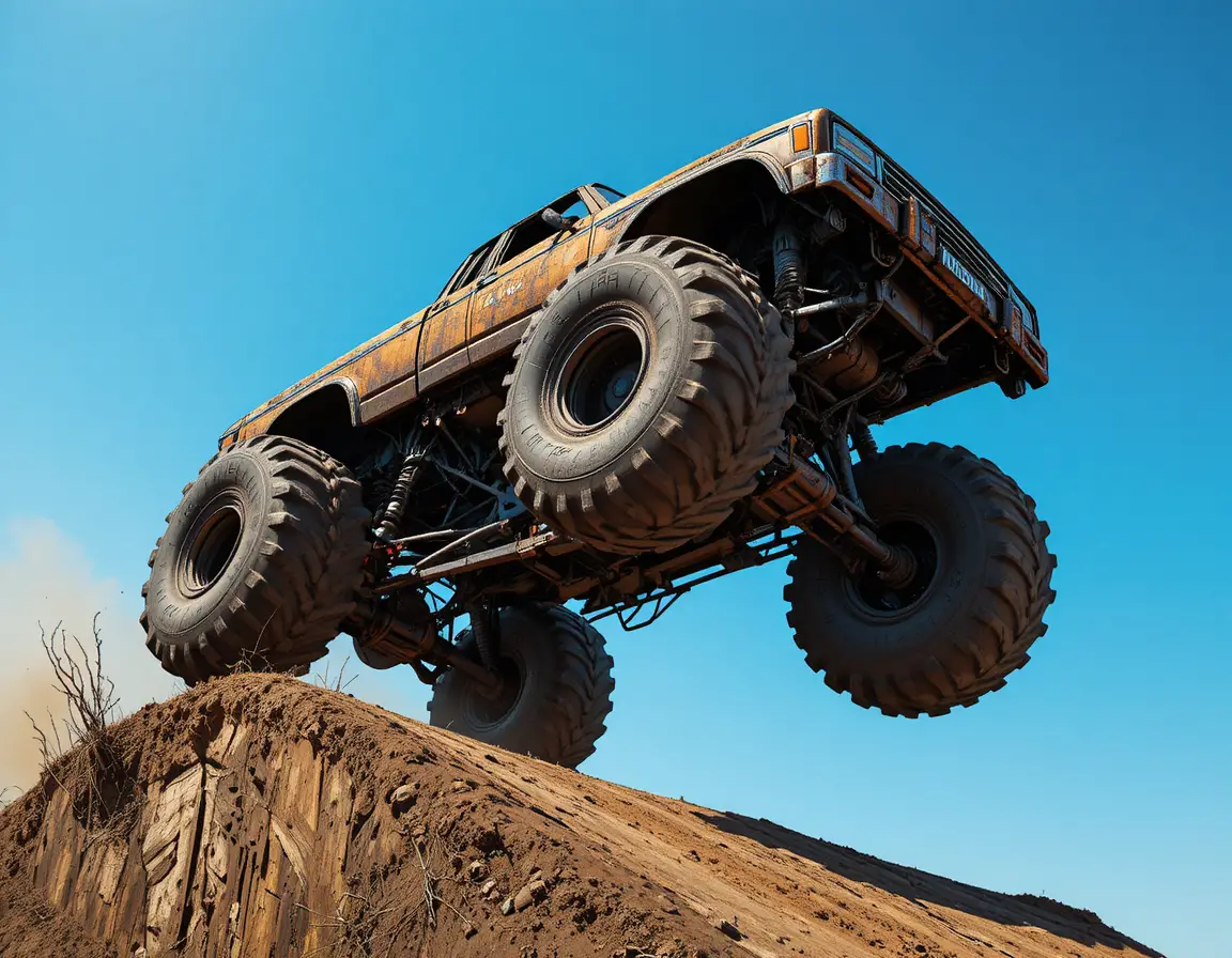 Monster truck stunt on ramp under clear blue sky