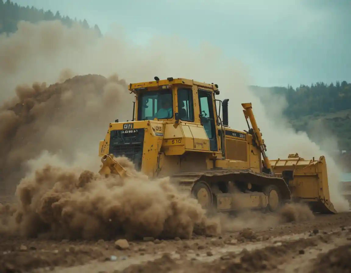 Yellow bulldozer rearing up with driver at construction site