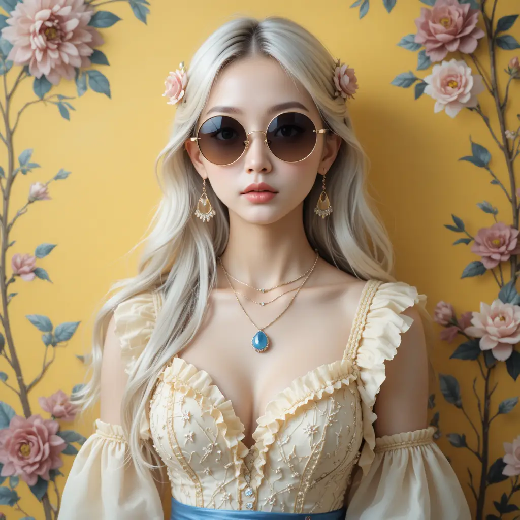 꽃무늬 노란 벽 앞에 선 선글라스를 쓴 젊은 아시아 소녀