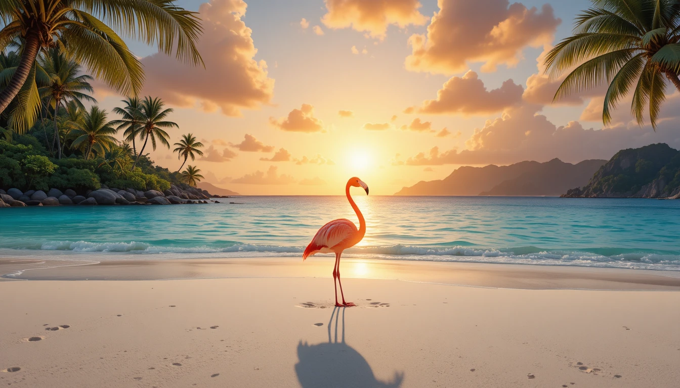 Flamingo solitário em praia tropical ao pôr do sol sereno