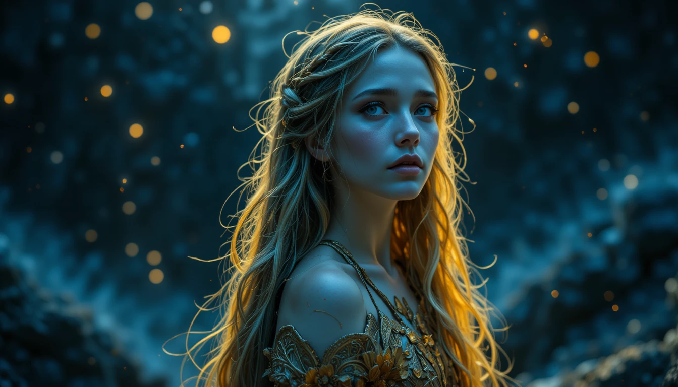 Melancholic Norse goddess gazing toward a star filled sky