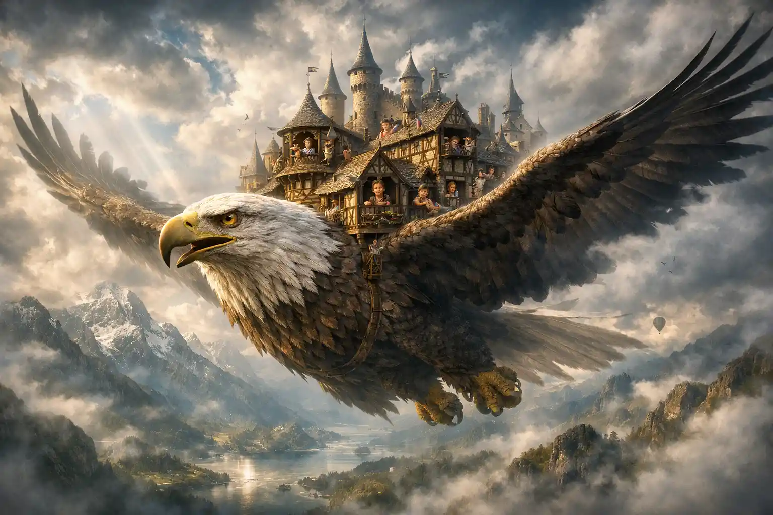 Aquila gigante che trasporta una città medievale tra cieli nebbiosi