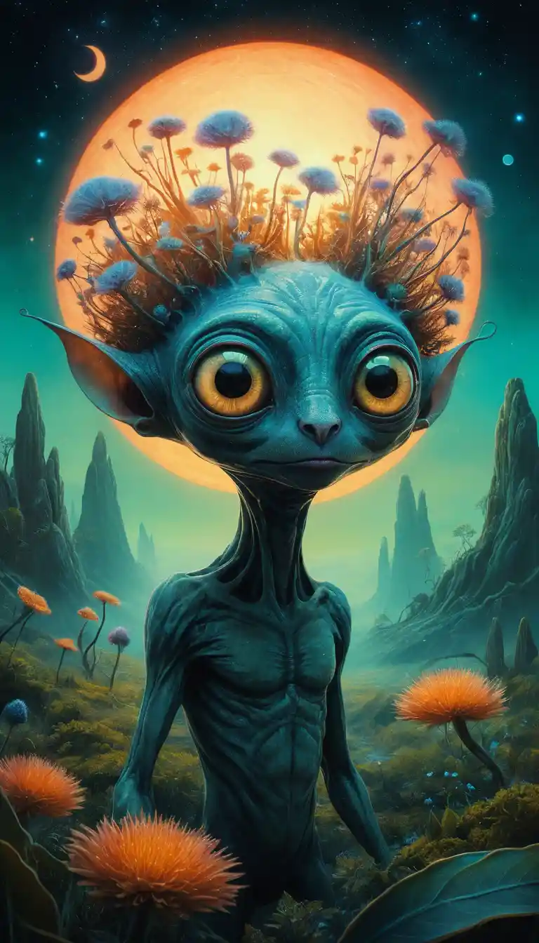 Créature alien joueuse parmi une flore lumineuse sur un monde lointain