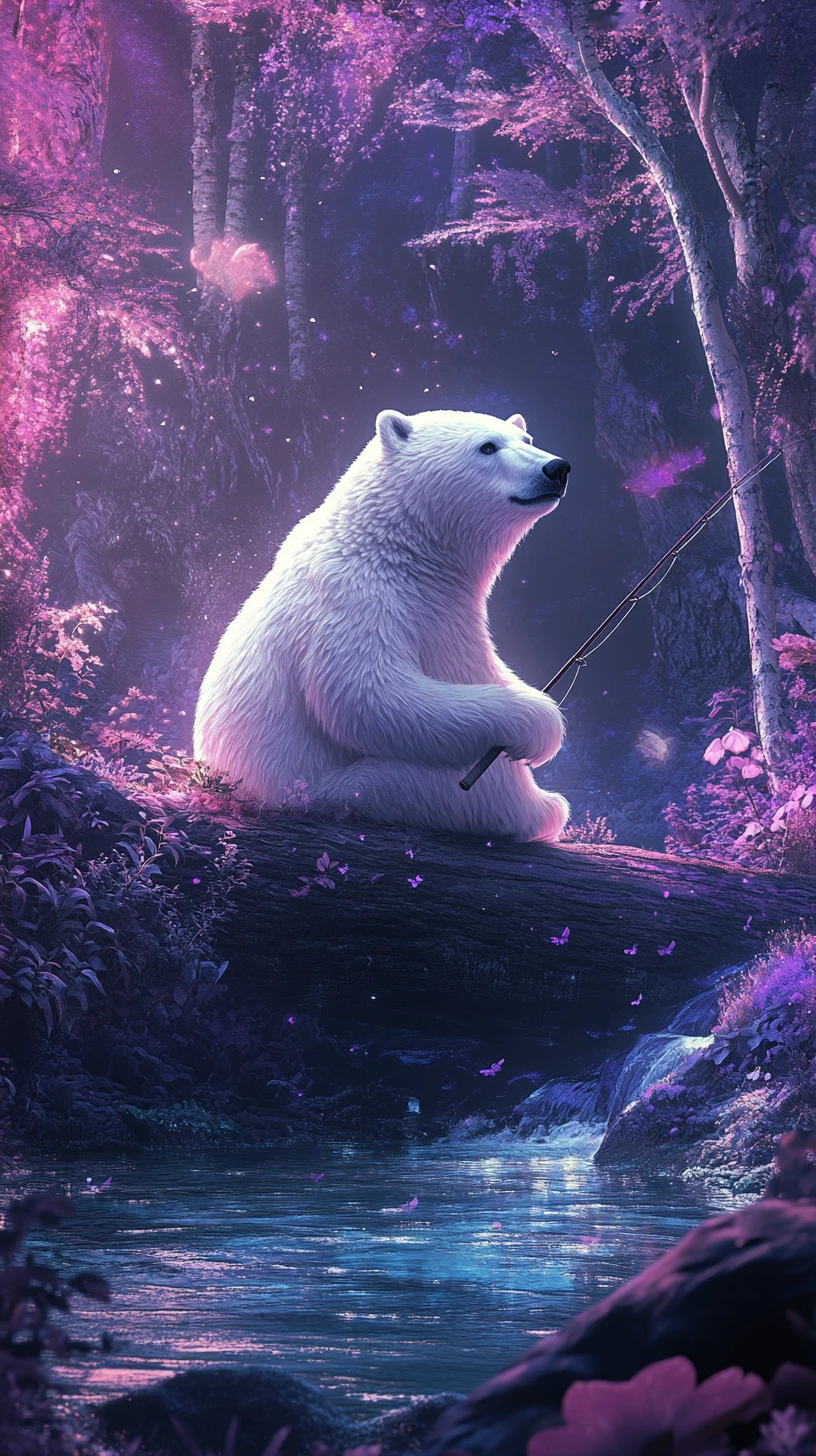 Urso‑polar pescando em um tronco em uma floresta noturna mística