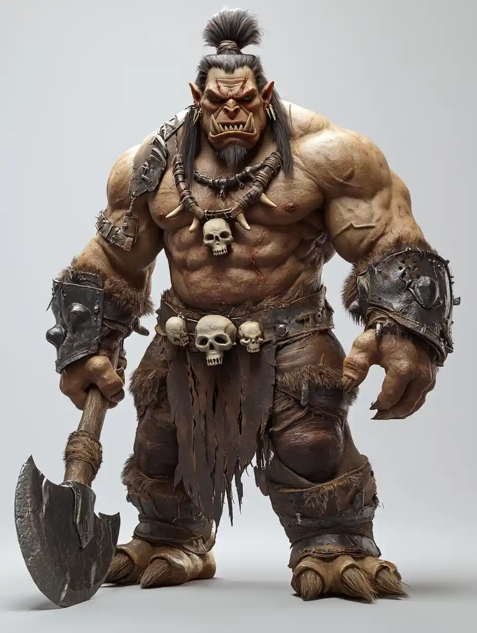 Guerrier orc musclé avec hache de bataille sur fond gris