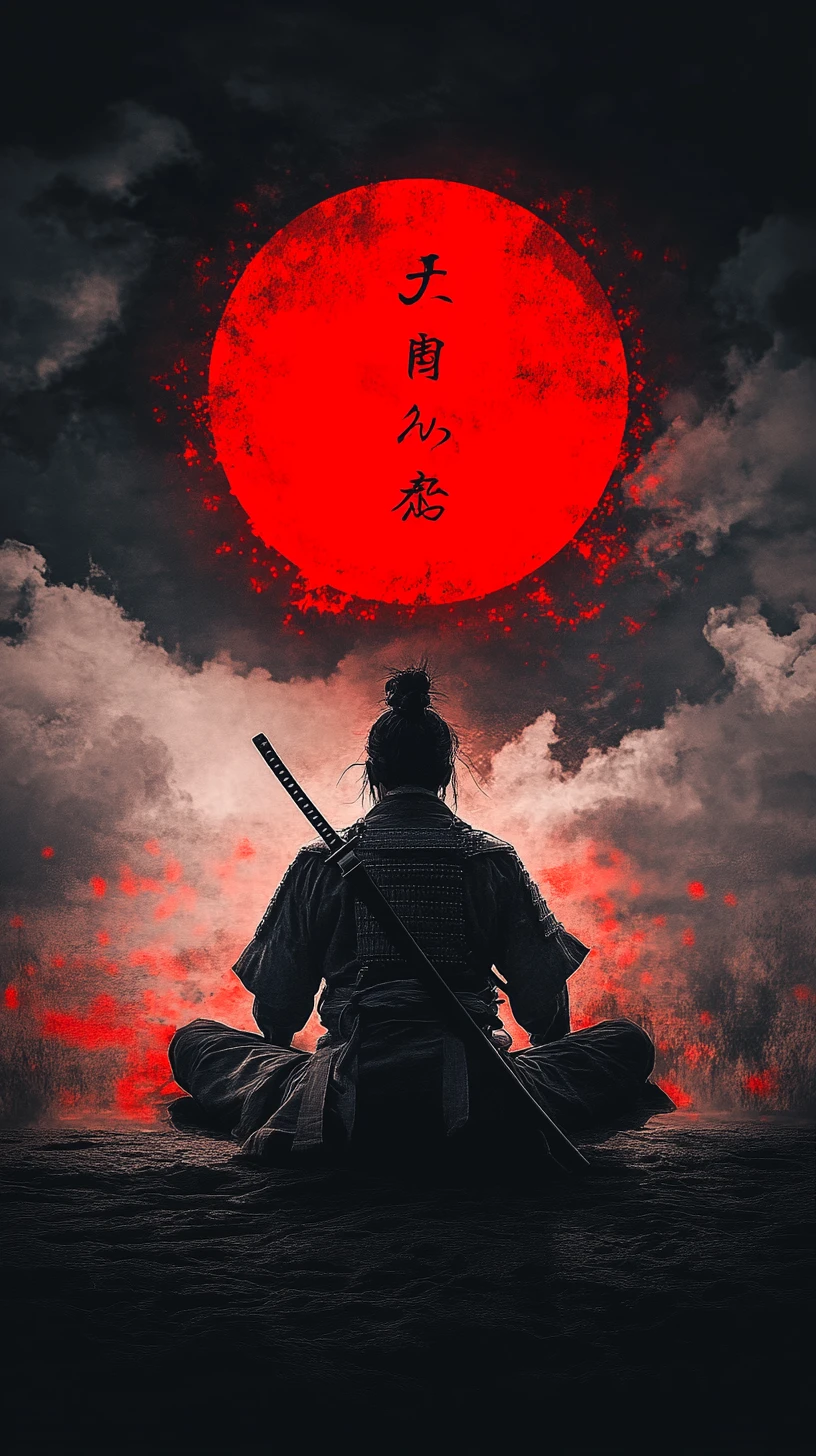 Samurai solitário meditando sob um sol vermelho em silhueta