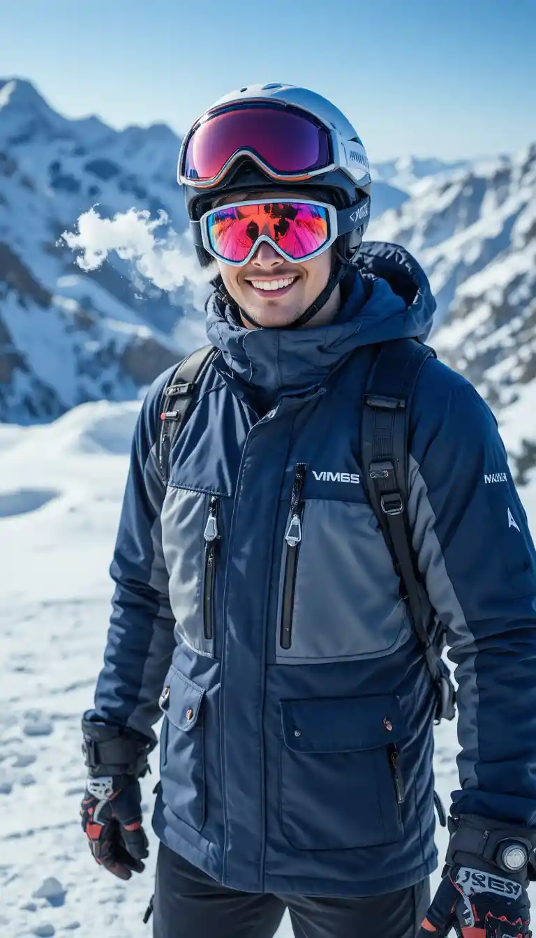 雪山斜面でひと息つく笑顔のバックカントリースキーヤー