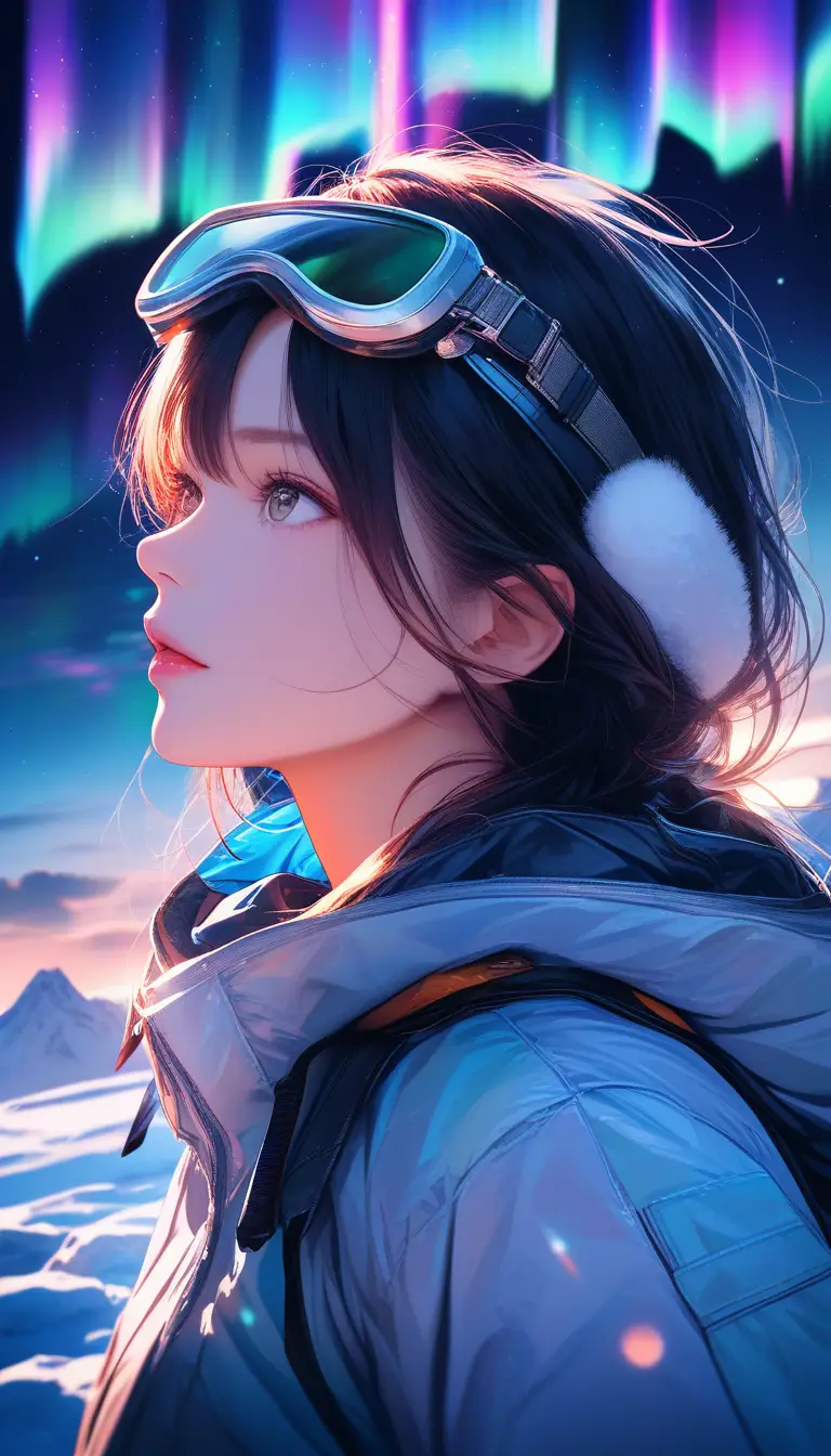 極光照耀下冰川上的女登山者