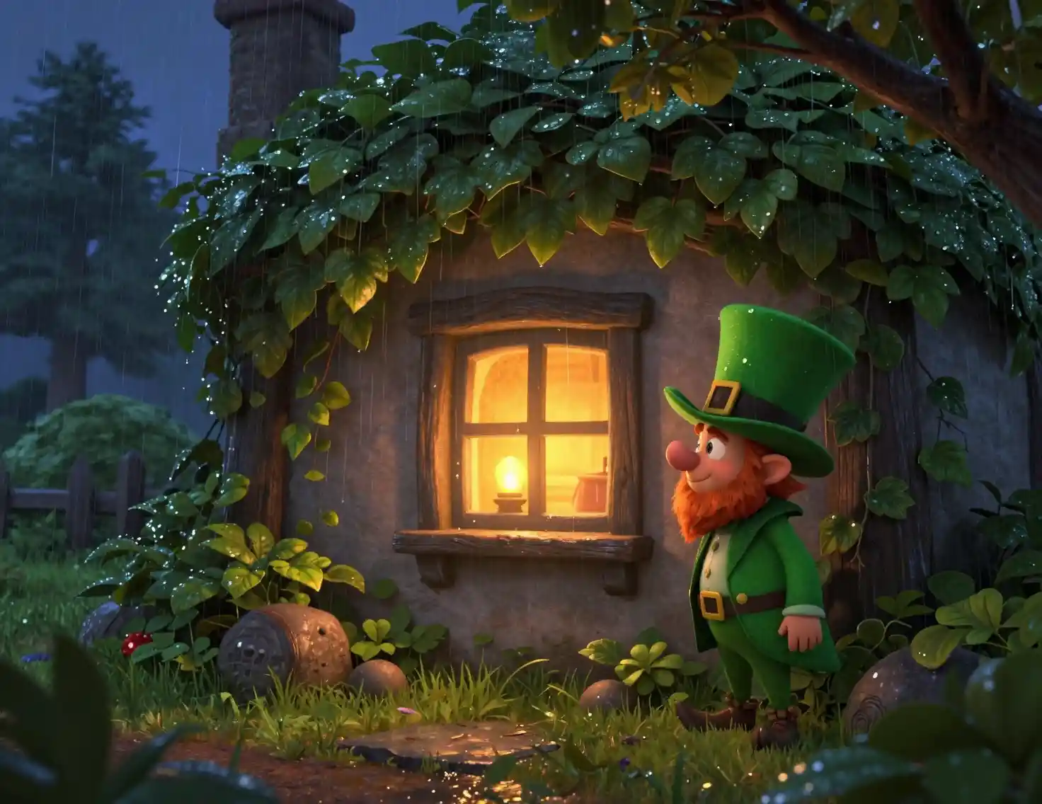 Accogliente cottage irlandese al crepuscolo con luce di lanterna