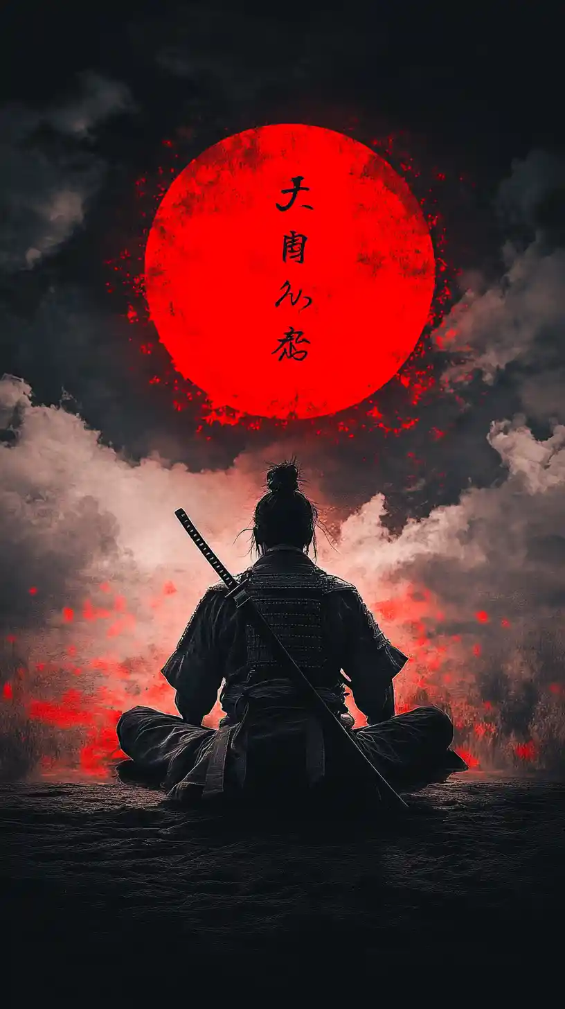 Samurai solitário meditando sob um sol vermelho em silhueta
