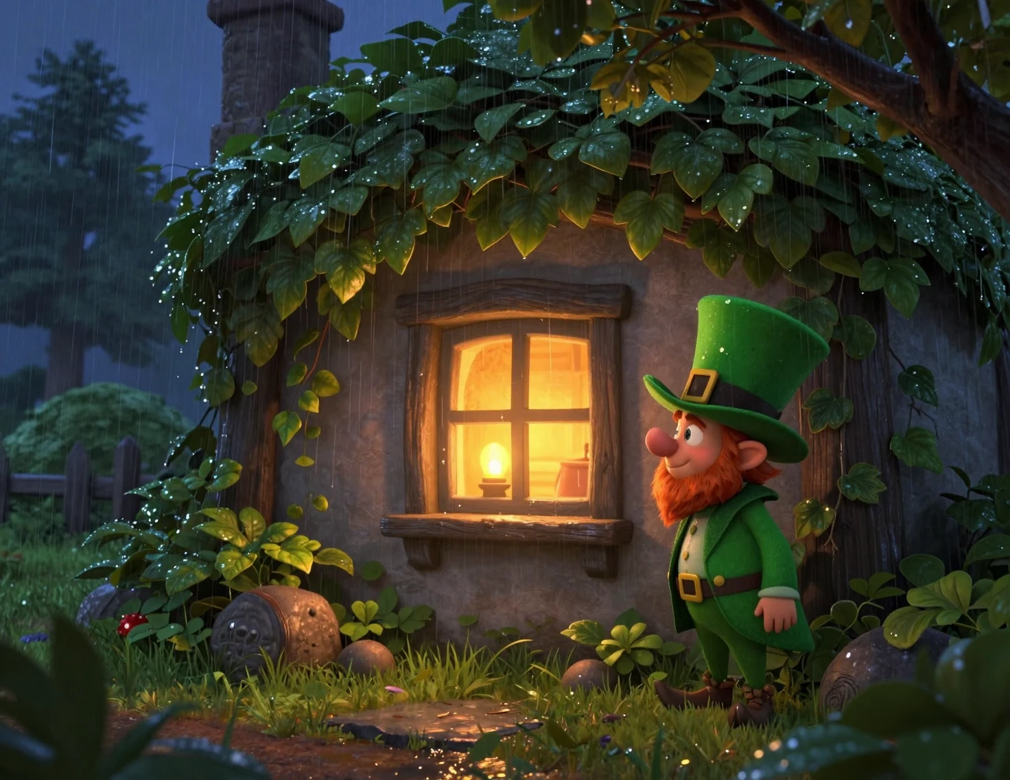 Accogliente cottage irlandese al crepuscolo con luce di lanterna