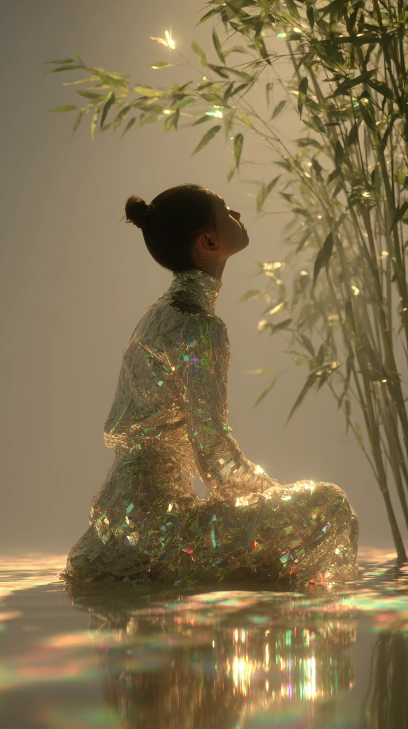 Figura en silueta meditando entre bambú con atuendo resplandeciente