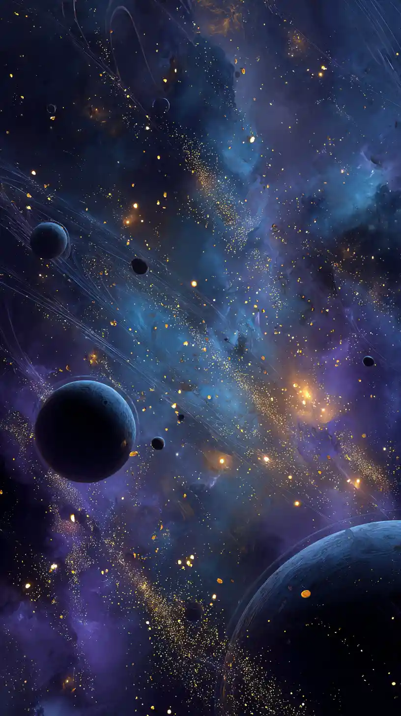 Infinite celestial darkroom with floating planets and stars