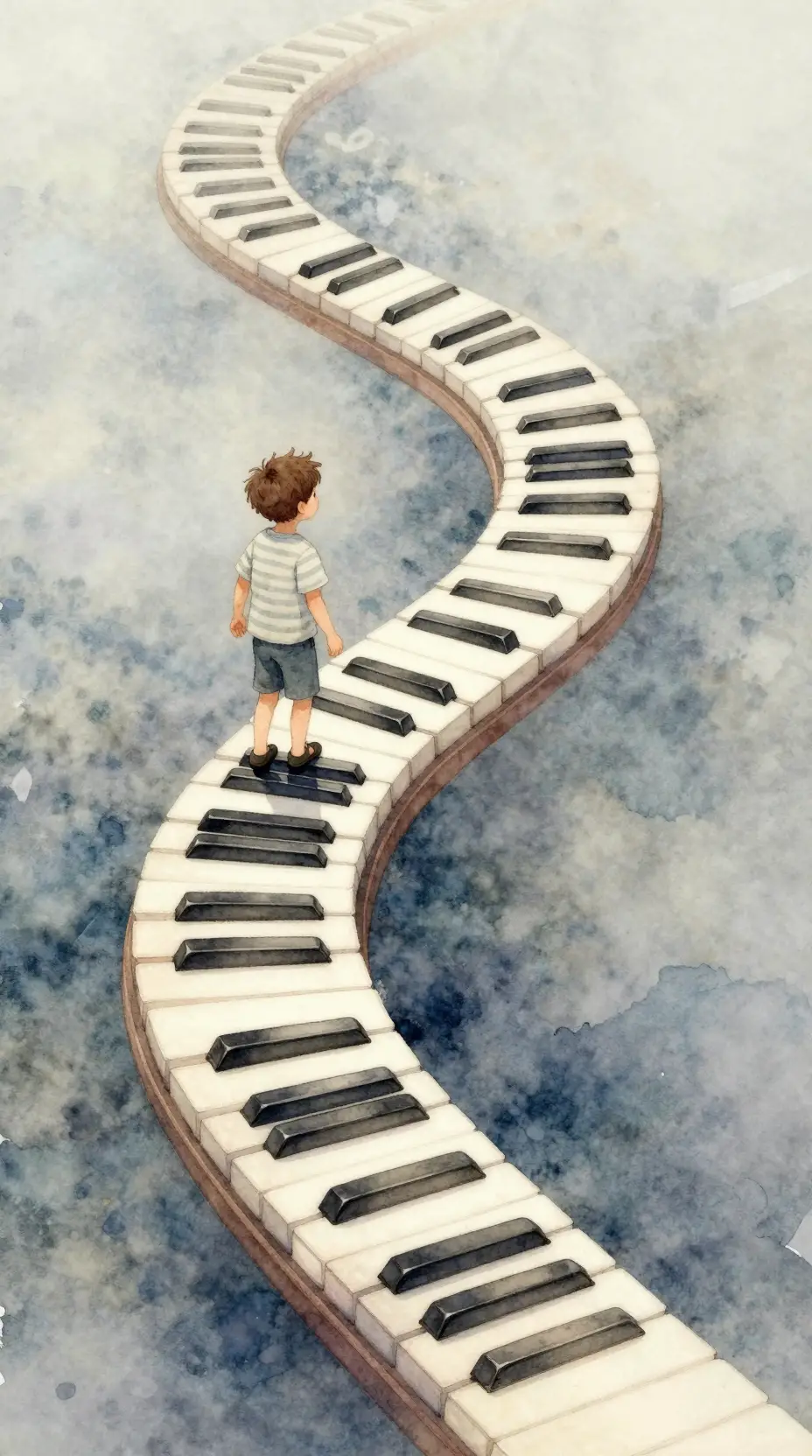Garçon rêveur gravissant un escalier de touches de piano en aquarelle douce