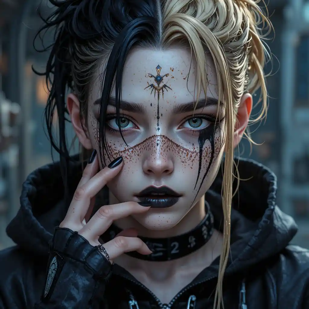 Garoto de anime com olhos heterocrômicos e streetwear com capuz preto