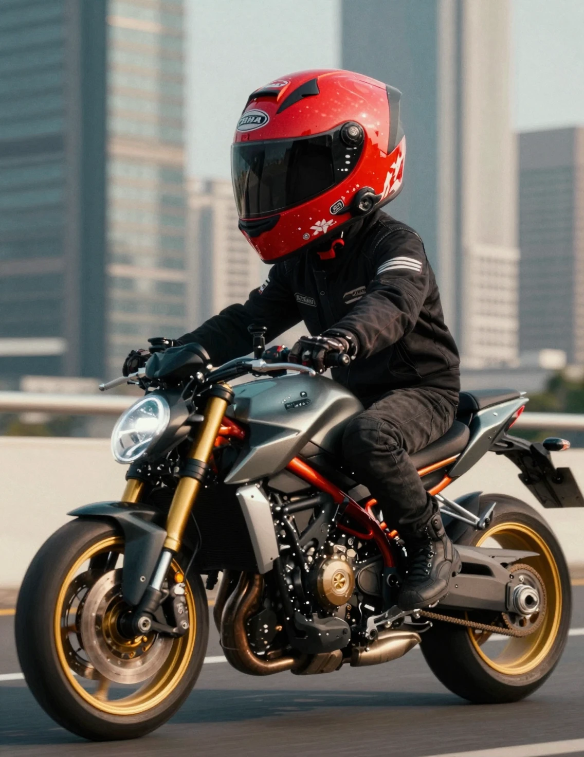 Motociclista de capacete vermelho em close-up em cidade ensolarada