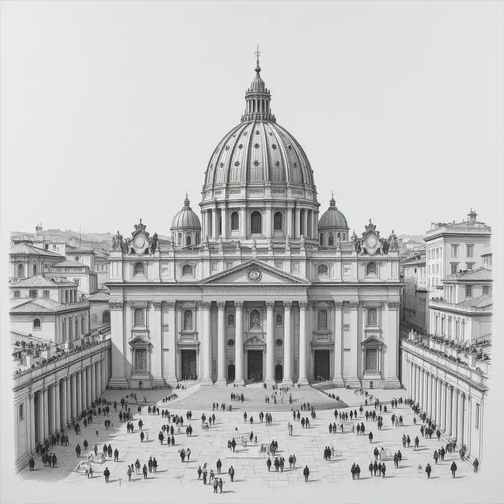 Disegno a grafite della Basilica di San Pietro dalla grande piazza