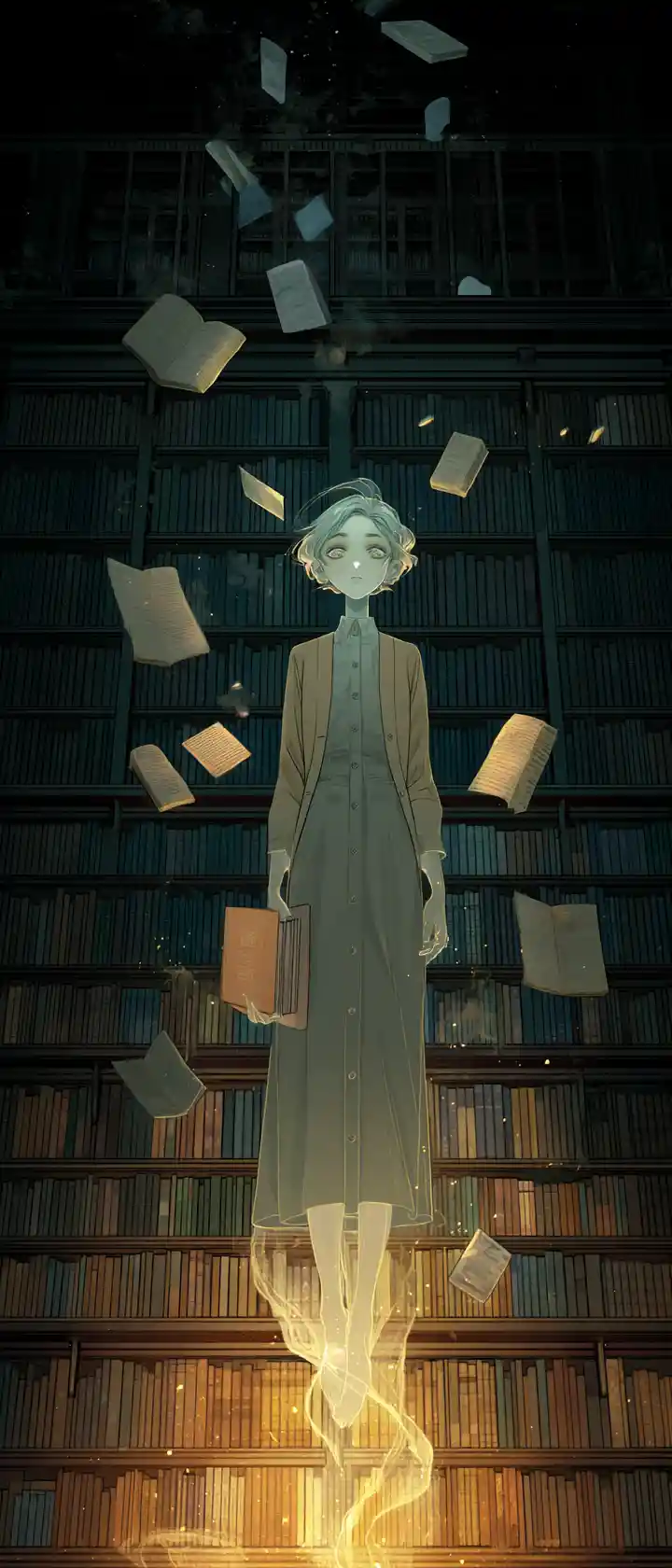 Bibliotecária fantasma flutuando entre estantes em uma biblioteca escura