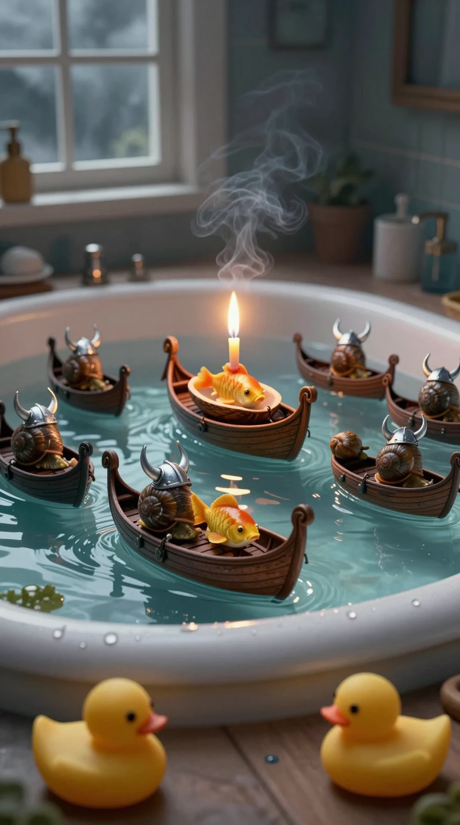 Toy cars as tiny longships sail across a bathtub fjord
