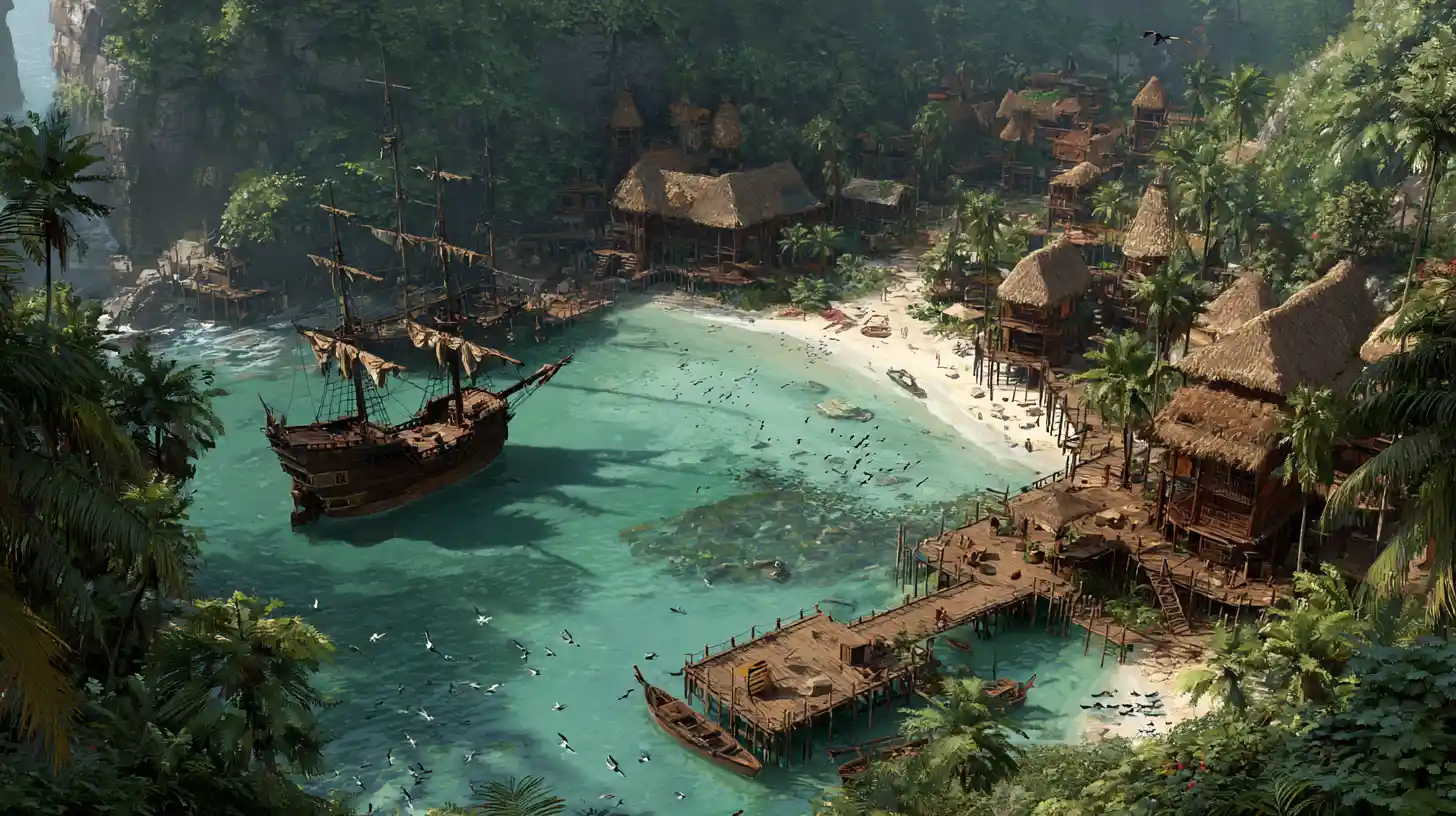 Dramatic fantasy illustration of a tropical pirate cove harbor