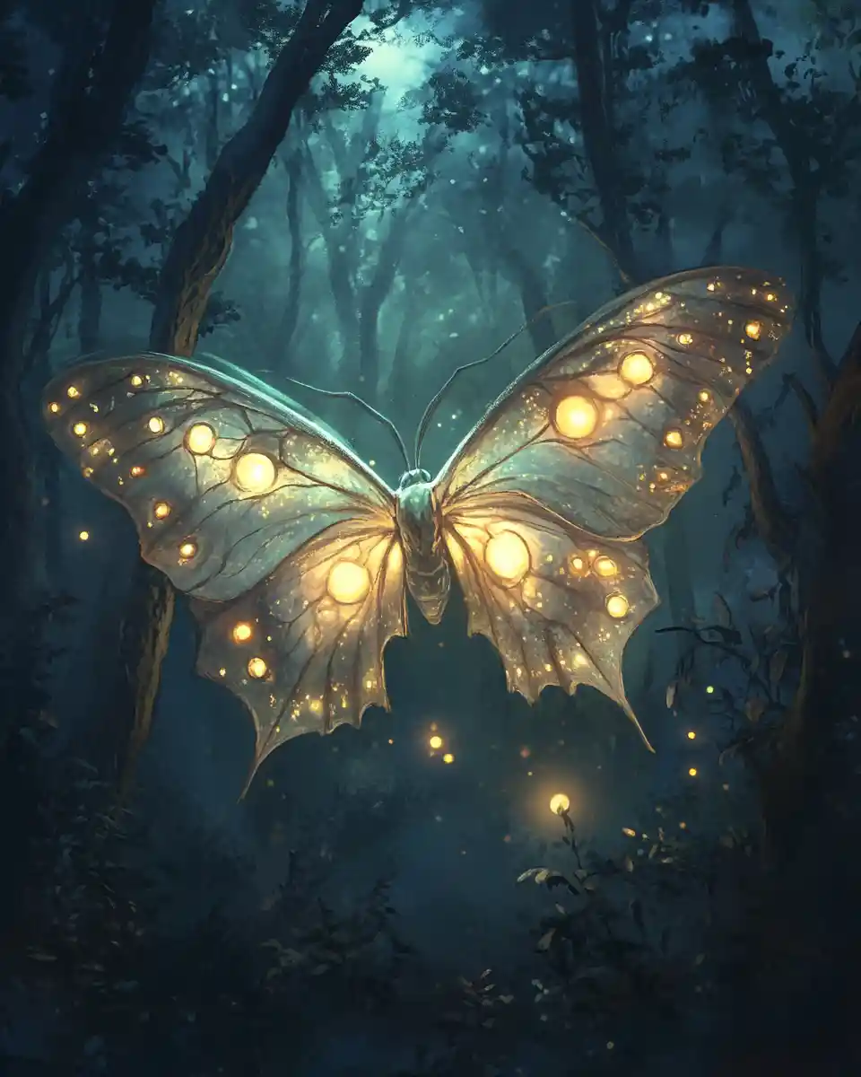 Espírito de mariposa lunar brilhando suavemente em uma floresta noturna