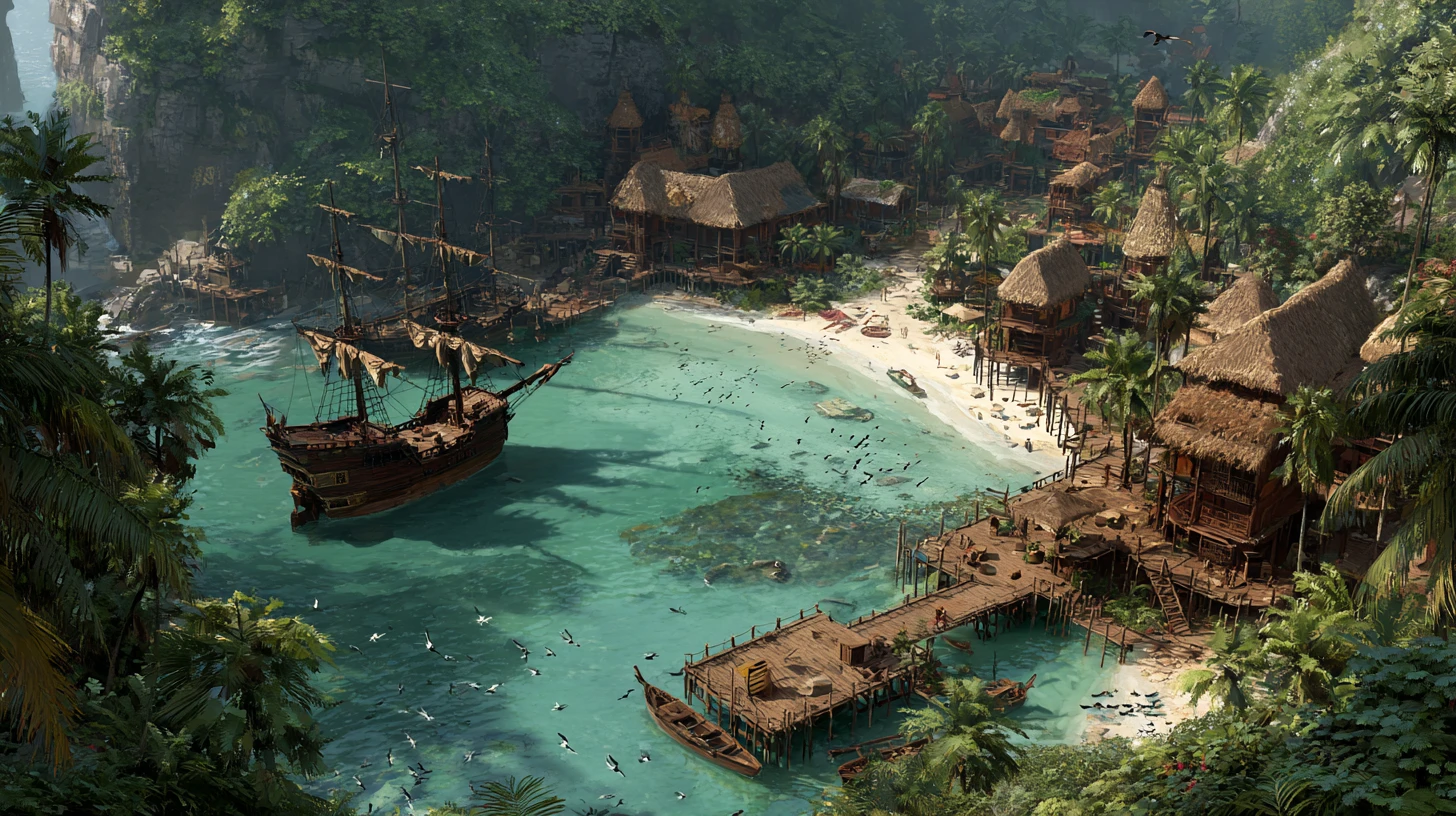 Dramatic fantasy illustration of a tropical pirate cove harbor